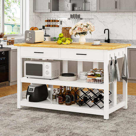 47.3" Solid Rubberwood Kitchen Island with Power Outlets - Extra Large Work Surface, 2 Drawers & Open Shelves Storage Cabinet for Kitchen Dining Room, Farmhouse Style (White) DynJest