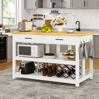 47.3" Solid Rubberwood Kitchen Island with Power Outlets - Extra Large Work Surface, 2 Drawers & Open Shelves Storage Cabinet for Kitchen Dining Room, Farmhouse Style (White)