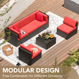 Devoko Patio Furniture Sets 6 Pieces Outdoor Sectional Rattan Sofa Manual Weaving Wicker Patio Conversation Set with Glass Table and Cushion (Red) Devoko