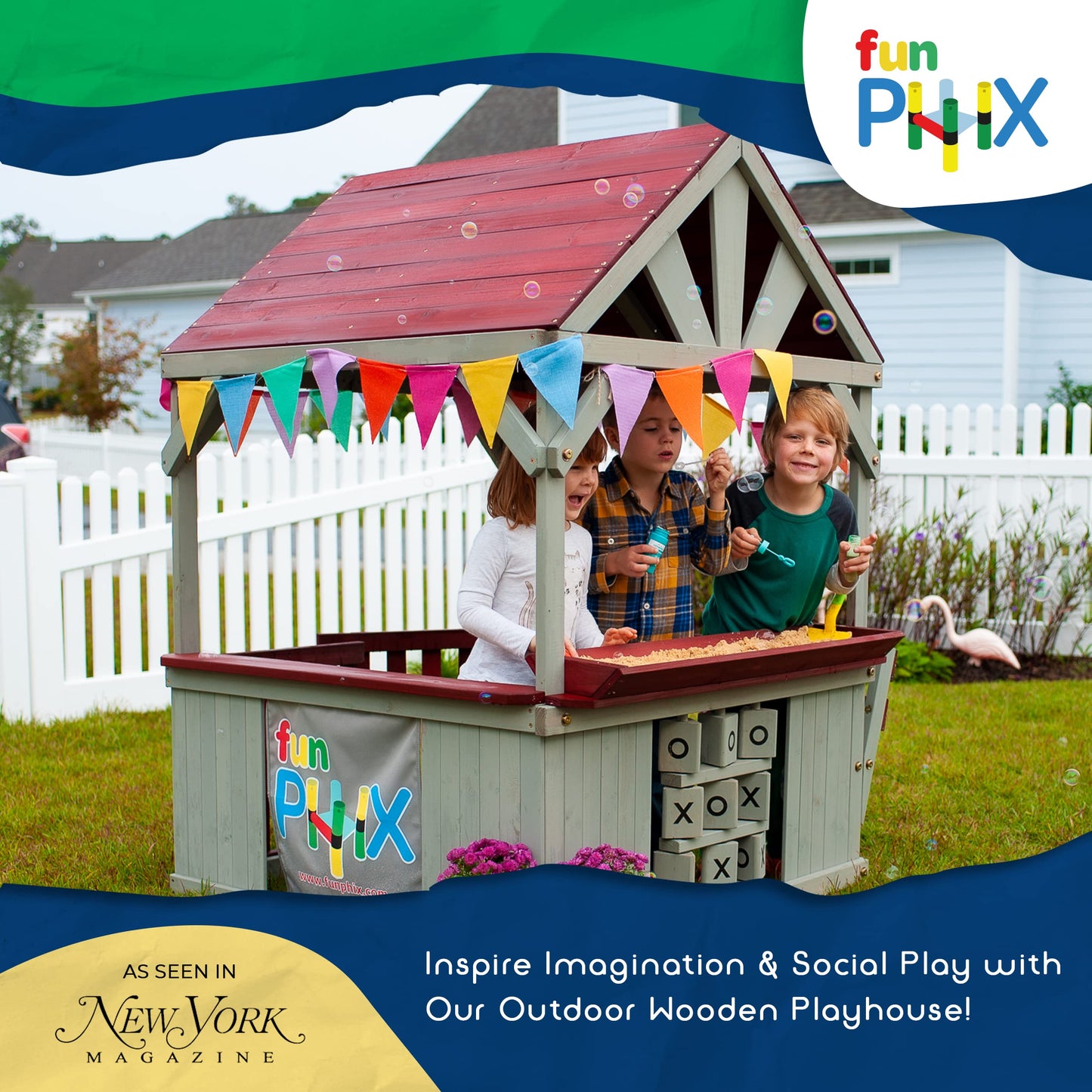 Wooden Playhouse for Kids Outdoor - Funphix Backyard Playhouse with Bench, Sandbox, Tic Tac Toe, Roof, & Doors - ASTM Certified & Easy to Assemble - WoodArtSupply