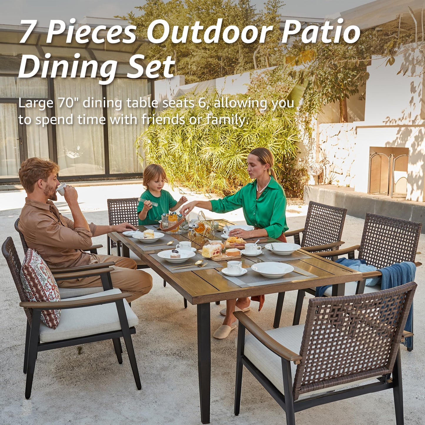 NATURAL EXPRESSIONS 7 Piece Patio Dining Table Outdoor Furniture Set, 6 Rattan Wicker Chairs with Cushions and 70” Large Dining Table with 1.65'' Umbrella Hole for Patio, Garden, Porch, Pool  - WoodArtSupply