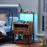 AOGLLATI Nightstand Set of 2 with Charging Station, Rustic Brown Night Stands for Bedroom Set of 2, Bedside Table with Storage Drawer and LED Light, AOGLLATI