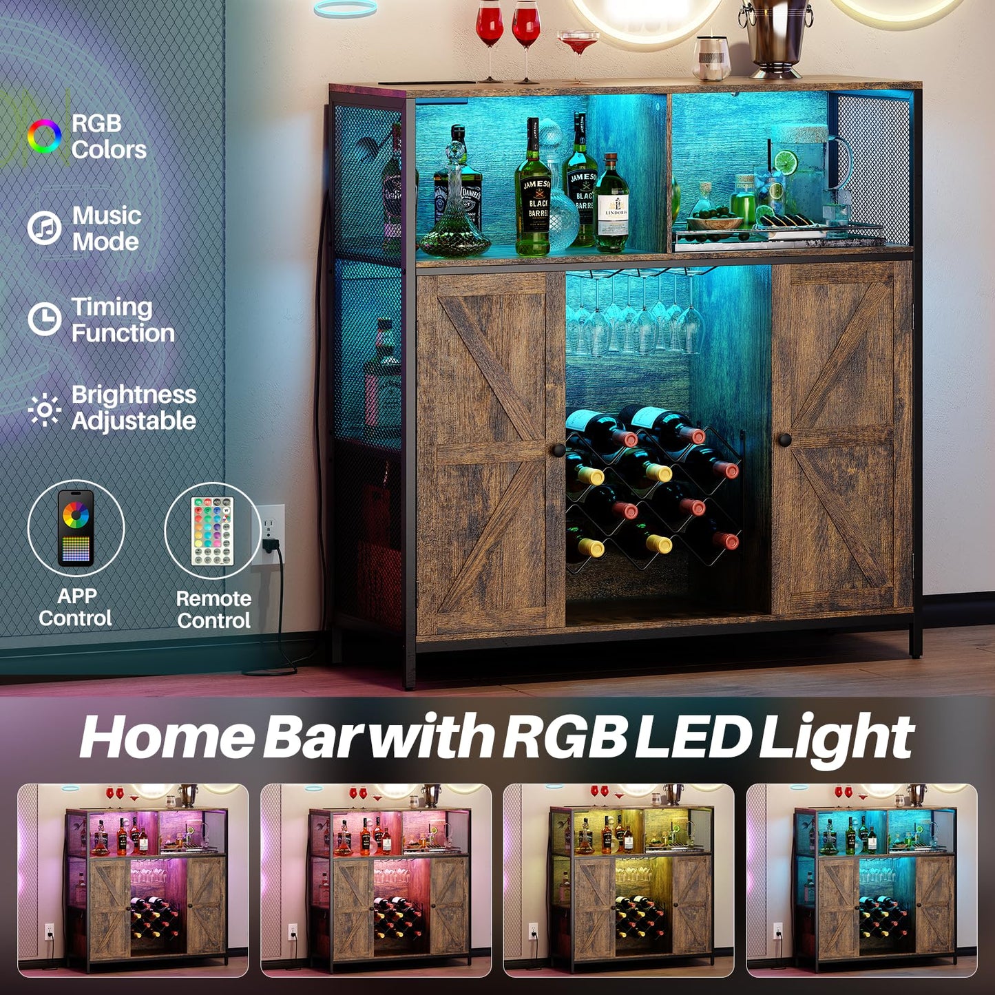 Redlife Wine Bar Cabinet with Power Outlets, Liquor Cabinet with LED Lights and Glass Holder, Industrial Storage Buffet Cabinet Coffee Bar Cabinet, Liquor Cabinet Bar Home, Bar Cabinet with Lights