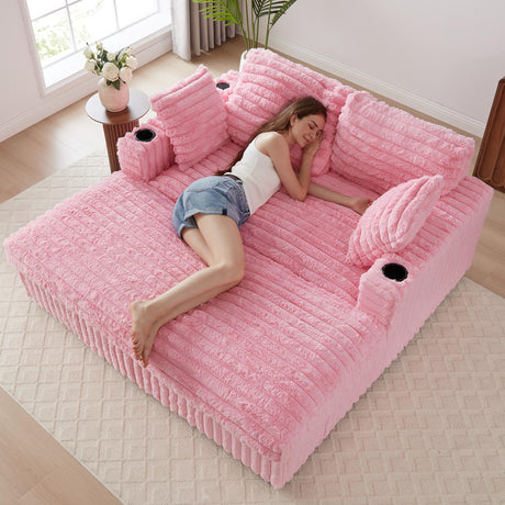 RARZOE 64'' Oversized Chaise Lounge Chair Indoor, Plush Faux Rabbit Fur Sleeper Sofa Bed with 4 Pillows, Charging Station & Cup Holders, Fluffy Comfy Cloud Couch Loveseat Sofa for Living Room,Pink RARZOE
