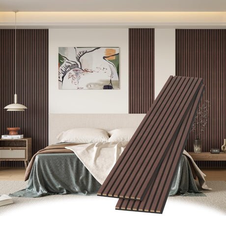 POHARE Wood Slat Wall Panels, 2 Pack 8 x 1 ft Decorative Wood Panels for Wall,Stylish Wall Panels for Interior Wall Decor, Modern Acoustic Wood Wall Panels with Felt Backing, Walnut POHARE