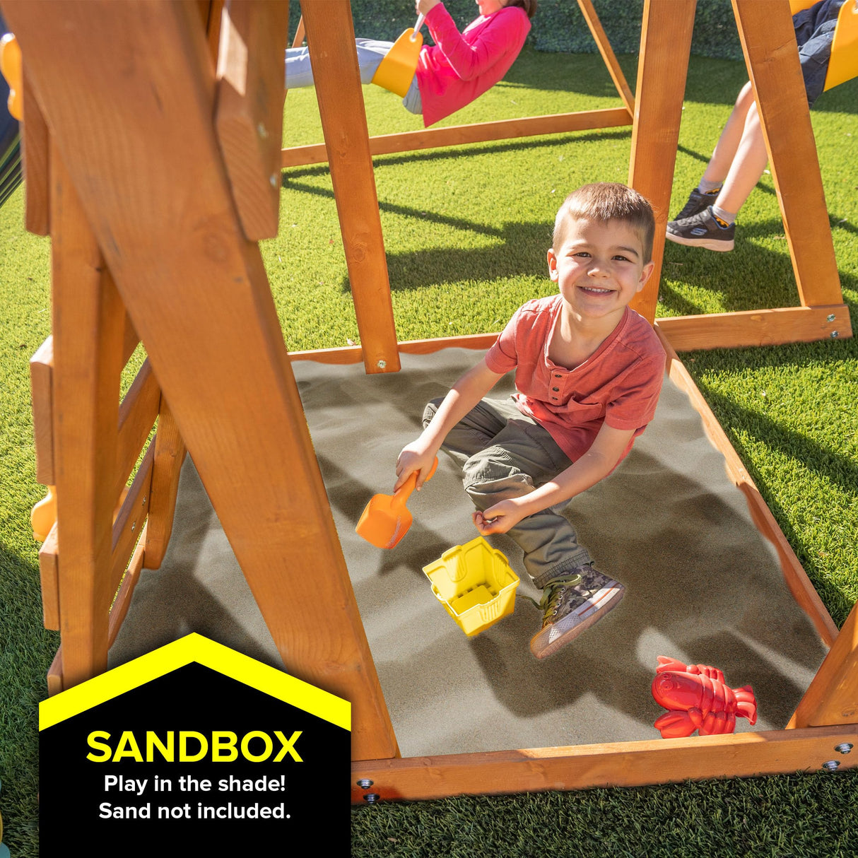 Sportspower North Peak Wooden Swing Set with Heavy Duty A-Frame & 6ft Double Wall Slide and Bonus Anchor Kit, Yellow/Blue Sportspower