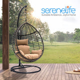 Hanging Egg Chair with Stand - Indoor Outdoor Patio Wicker Rattan Lounge Chair with Stand, Steel Frame, Washable Cushions for Garden Backyard Deck Sunroom - SereneLife SLGZ0EGBR.3 (Brown) SereneLife