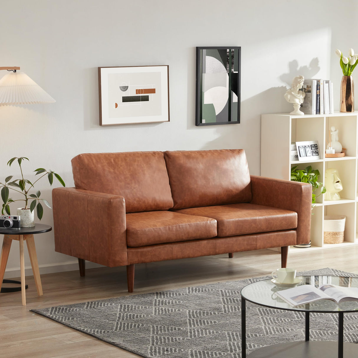 Kingfun 65" Loveseat Sofa, Love Seat, Faux Leather Sofa, Mid Century Modern Couch with Solid Wood Frame for Living Room & Bedroom, Brown Kingfun