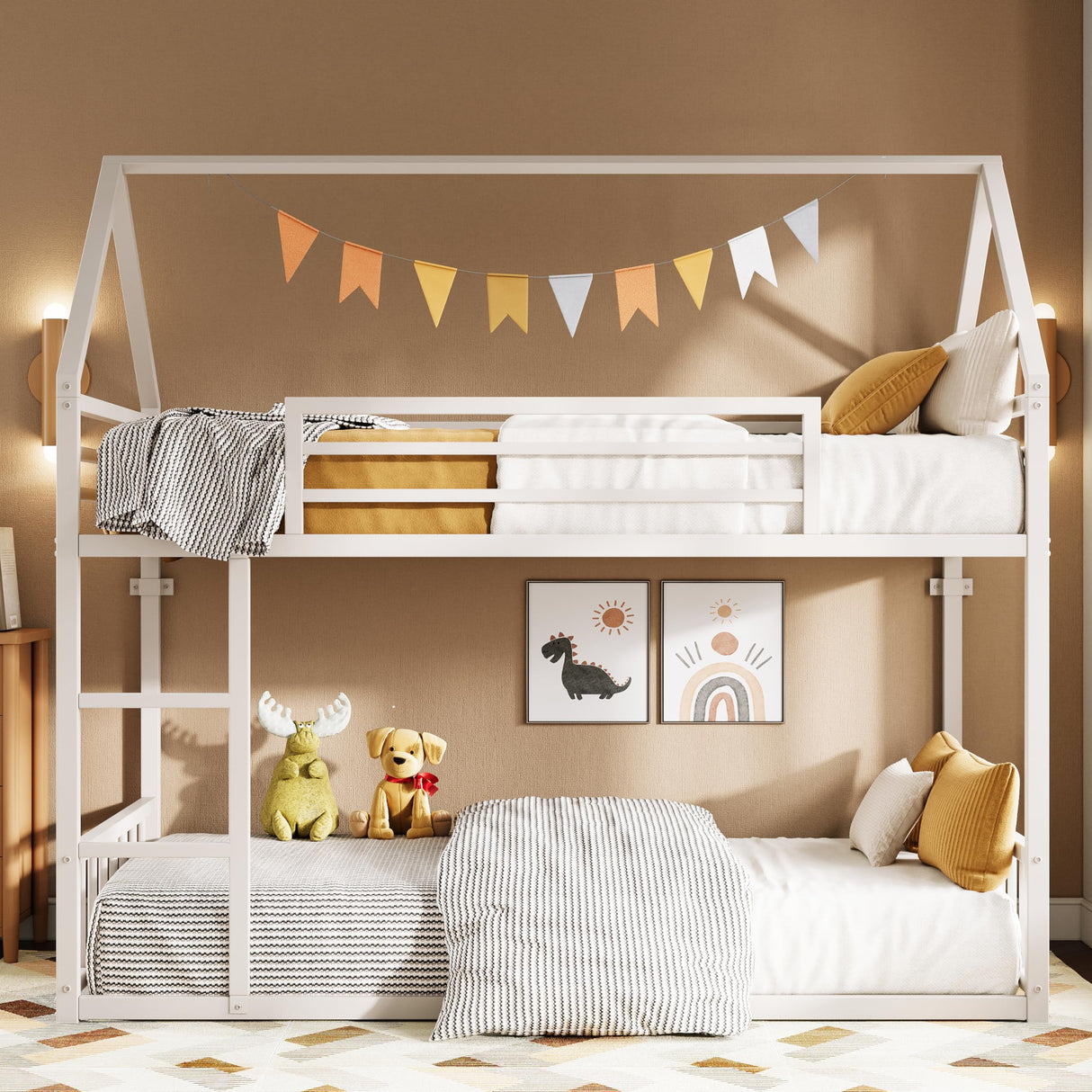 LIKIMIO Bunk Bed Twin Over Twin, House Bunk Bed Frame with Ladder and Guardrail, House Shaped with Metal Slats for Dormitory and Bedroom, Space Saving, No Box Spring Needed, White LIKIMIO