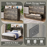 Bellemave Queen Murphy Bed, Cabinet Bed with Charging Station and 1 Large Storage Drawer, Farmhouse Murphy Cabinet with Foldable Panel, Noisy Free, for Guest Bedroom, Living Room, Rustic Gray Bellemave