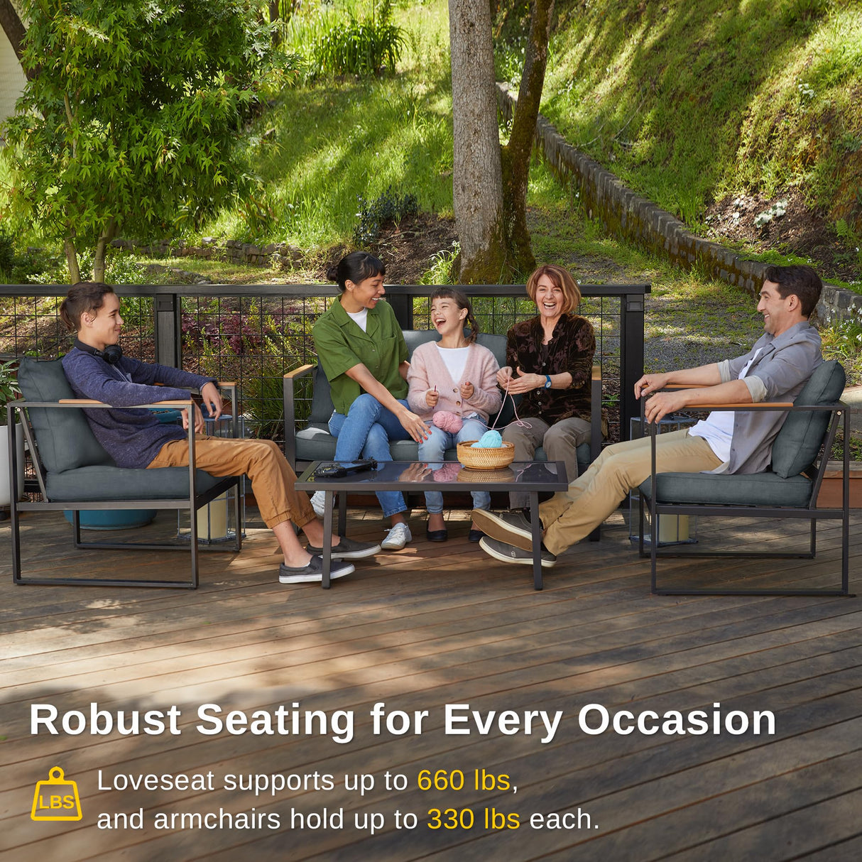 EAST OAK Courtyard Patio Furniture Set, 4-Piece Outdoor Patio Set with Sofa, Removable & Washable Deep Seating Cushion, Tempered Glass Table, Outside Patio Conversation Sets, Black & Dark Grey EAST OAK