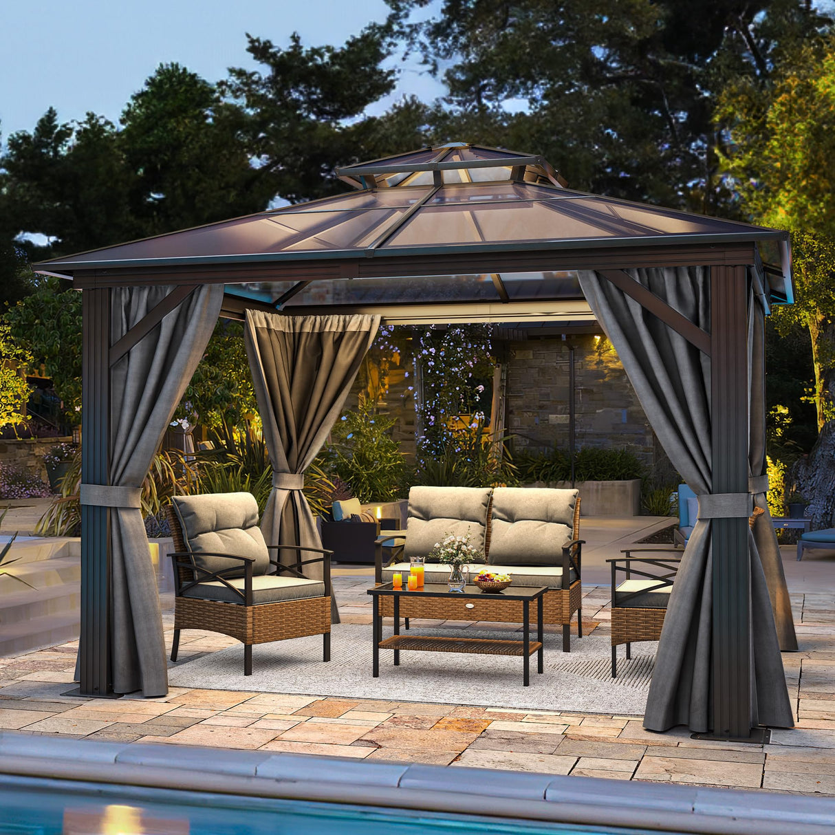 YITAHOME 10x10FT Gazebo Polycarbonate Hardtop Double Roof Canopy Outdoor with Netting and Shaded Curtains, Aluminum Frame Garden Tent for Patio, Backyard, Deck and Lawns, Grey YITAHOME