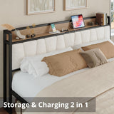 LIKIMIO King Bed Frames, Storage Headboard with Charging Station, Solid and Stable, Noise Free, No Box Spring Needed, Easy Assembly, Wood and Cream LIKIMIO