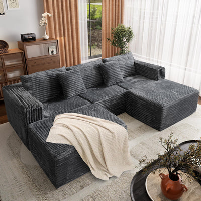 110 Corduroy Modular Sectional Boneless Sofa with 2 Ottomans, Convertible Cloud Couch with Deep Seats, Fluffy Memory Foam U Shaped Couch for Living Room, No Assembly Required, Black (Gray)