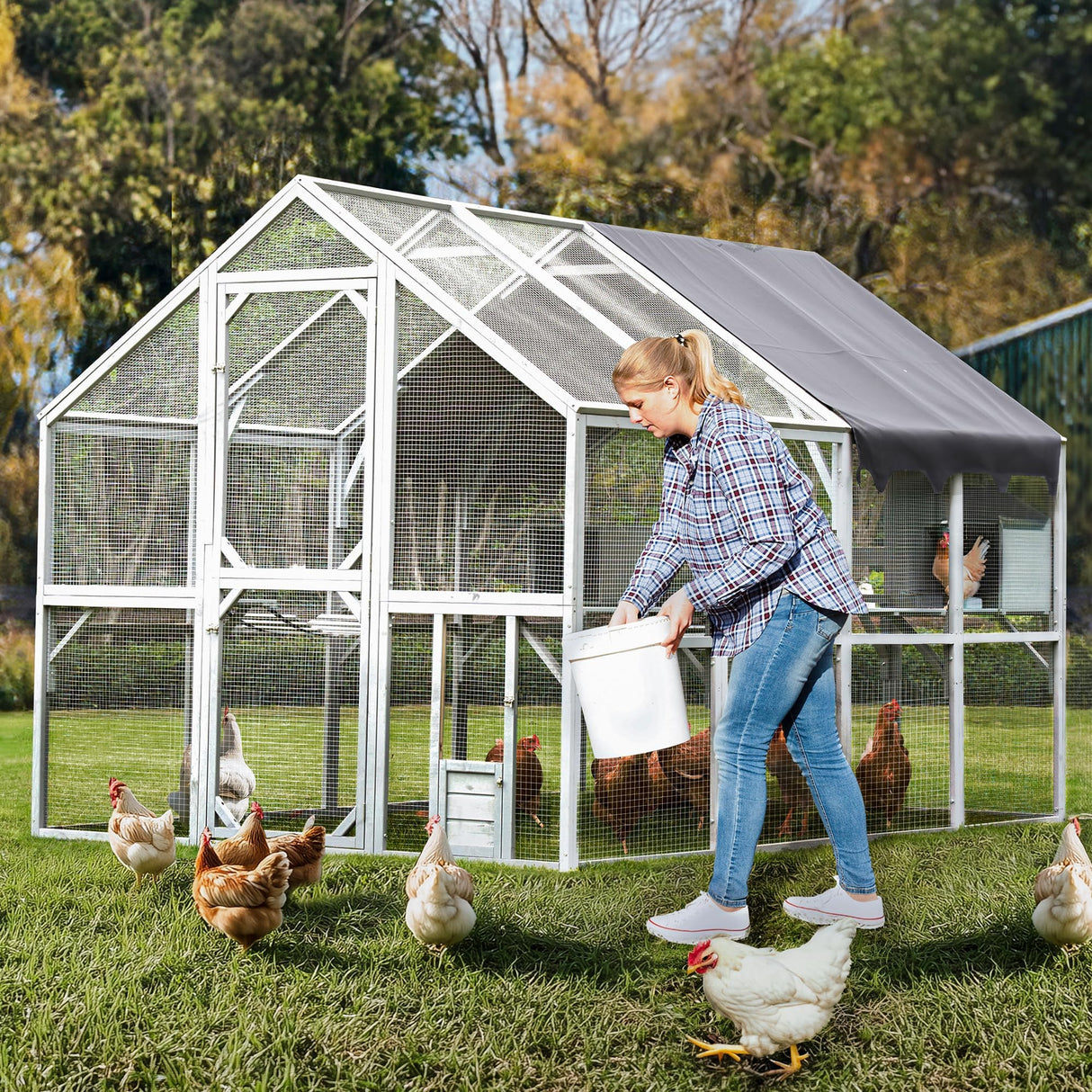 110'' Large Catio Outdoor Cat Enclosure,2 in 1 Cat Enclosure & Walk in Large Chicken Coop, Pet Cage Playpen with Weatherproof Roof, Multiple Platforms, Bouncy Bridges & Resting Houses White-1 BouPower