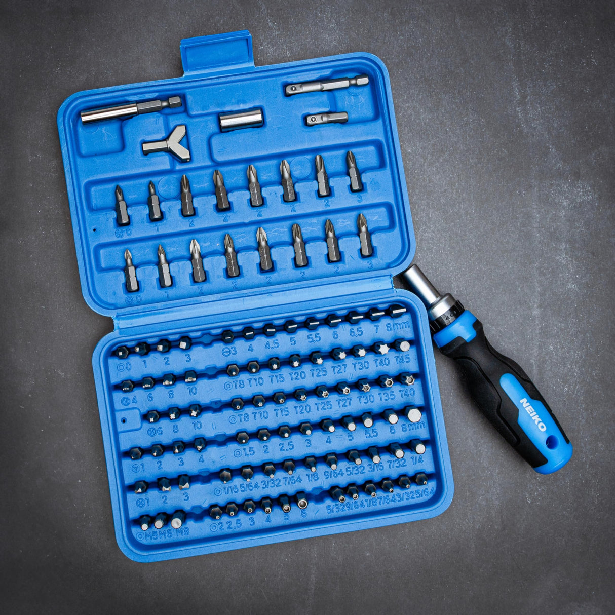 NEIKO 10082A Security Bit Set and Ratcheting Screwdriver | 101 Piece Set | Chrome Vanadium Steel | Screwdriver Bit Set Phillips, Tamperproof Torx Bits, & Flat | 1/4" Hex Shank Magnetic Bit Holder NEIKO