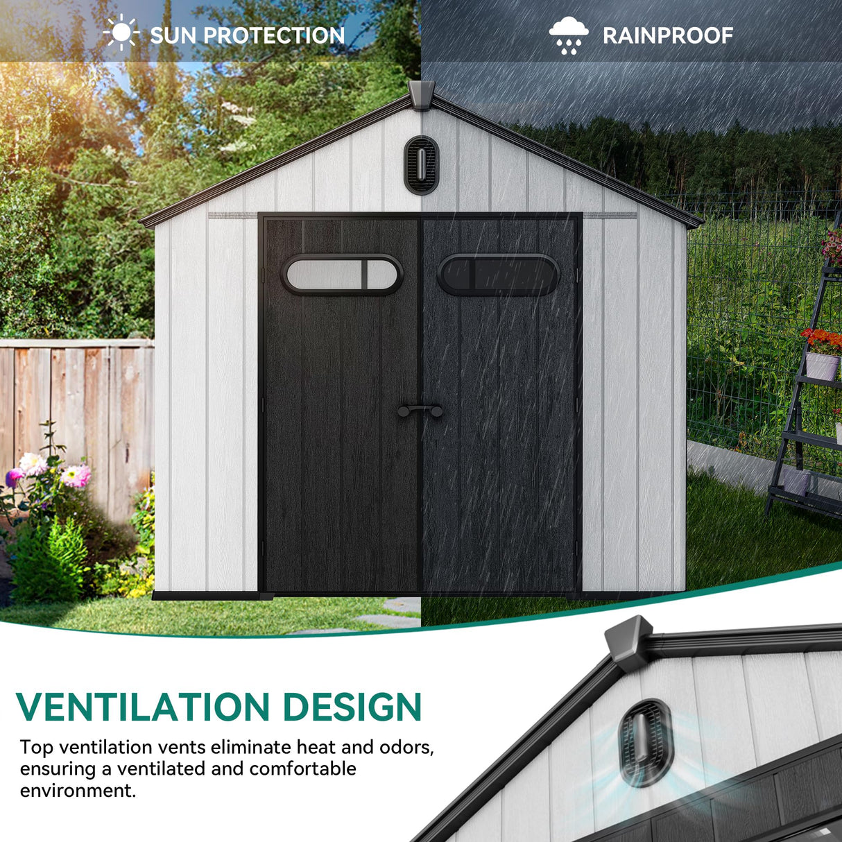 YITAHOME 8x10ft Resin Storage Structure, Outdoor 544 cuft Plastic Garden Storage Unit with Windows, Vents and Lockable Entrance, Waterproof Tool Organizer with Flooring for Lawn Equipment，Gray YITAHOME