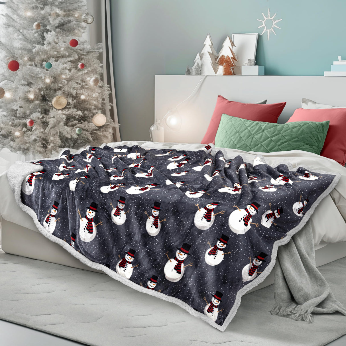 PAVILIA Premium Christmas Sherpa Throw Blanket | Snowman Decoration, Fleece, Plush, Warm, Cozy Reversible Microfiber Holiday Blanket 50 x 60 PAVILIA