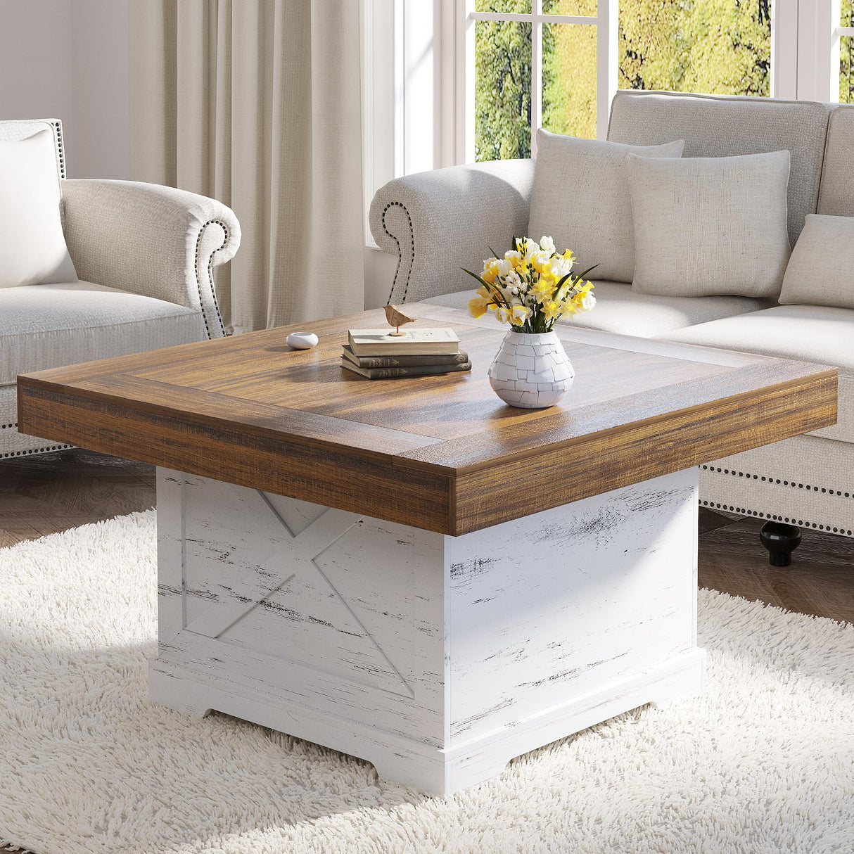 Lareth Coffee Table 31.5 in Farmhouse Center Table with X Design Wooden Pedestal for Living Room, Small Square Home Office Tea Accent Table for Dining Room Apartment, Antique White Lareth