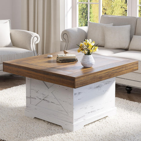 Lareth Coffee Table 31.5 in Farmhouse Center Table with X Design Wooden Pedestal for Living Room, Small Square Home Office Tea Accent Table for Dining Room Apartment, Antique White Lareth
