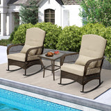 3 Piece Rocking Bistro Set Wicker Outdoor Patio Chairs Rattan Conversation Sets with Coffee Table for Patio, Porch, Backyard, Balcony, Poolside and Garden (Beige) Generic