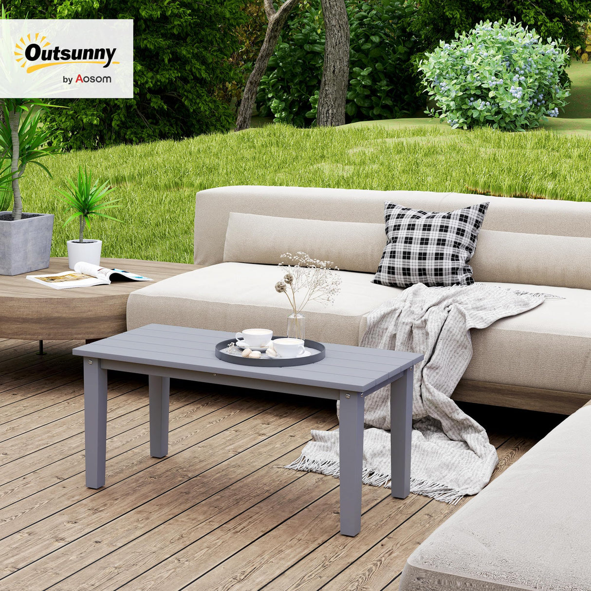 Outsunny HDPE Outdoor Coffee Table, All-Weather Rectangle Patio Coffee Table, Plastic Outdoor Patio Table with Slatted Tabletop for Garden, Balcony, Backyard, Gray Outsunny