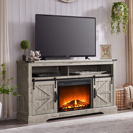 OKD Fireplace TV Stand for 65+ Inch TV, 33" Tall Highboy Farmhouse Entertainment Center w/ 23'' Electric Fireplace, Rustic Media Console w/Sliding Barn Door for Living Room, Light Rustic Oak OKD