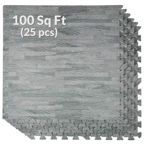Home Aesthetics 100 Sq. Ft 3/8 Inch Thick Printed Foam Tiles Interlocking Foam Mat, Sea Haze Grey Wood Grain Style Print, (24"x24", 25 pcs), Protective Flooring for Home, Gym Exercise or Trade Show Home Aesthetics