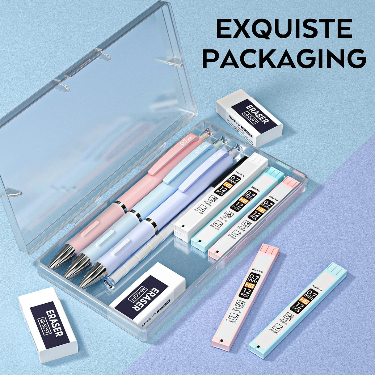 Nicpro 3PCS Pastel Mechanical Pencil Set with Case, 0.7 mm Pencils with 6 Tube HB Lead Refill, 3PCS Eraser, 9PCS Eraser Refill for School Supplies Student Writing, Drafting Drawing Sketching Nicpro