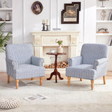 HUIMO Linen Fabric Accent Chairs Set of 2, Mid-Century Modern Armchair with Solid Wood Legs, Single Sofa Chair,Upholstered Reading Club Chair (2, Dark Blue and White Stripe) HUIMO