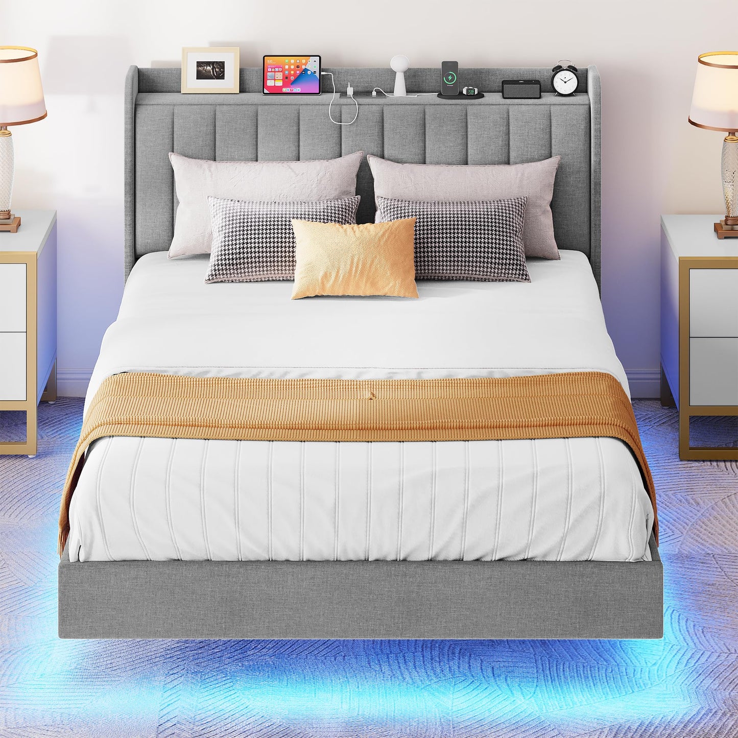 YITAHOME Grey Queen Size Floating Bed Frame with Upholstered Headboard, LED Lighting, and USB Ports