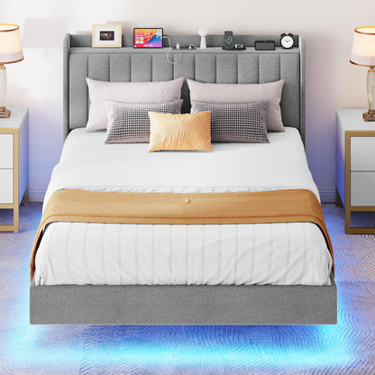 DWVO Queen Size Floating Bed Frame with LED Lights, Charging Station, and Bookcase Headboard, Grey - WoodArtSupply