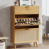 TOLEAD Rattan Shoe Storage Cabinet, Freestanding Shoe Rack Cabinet with 2 Flip Drawers & Wood Legs, Slim Shoe Organizer Cabinet for Entryway TOLEAD
