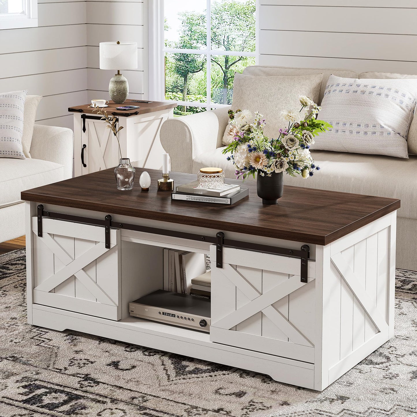 EnHomee Farmhouse Lift Top Coffee Table with Sliding Barn Door 48" W Large Coffee Tables for Living Room, Wood Center Table with Hidden Storage Compartment, Antique White