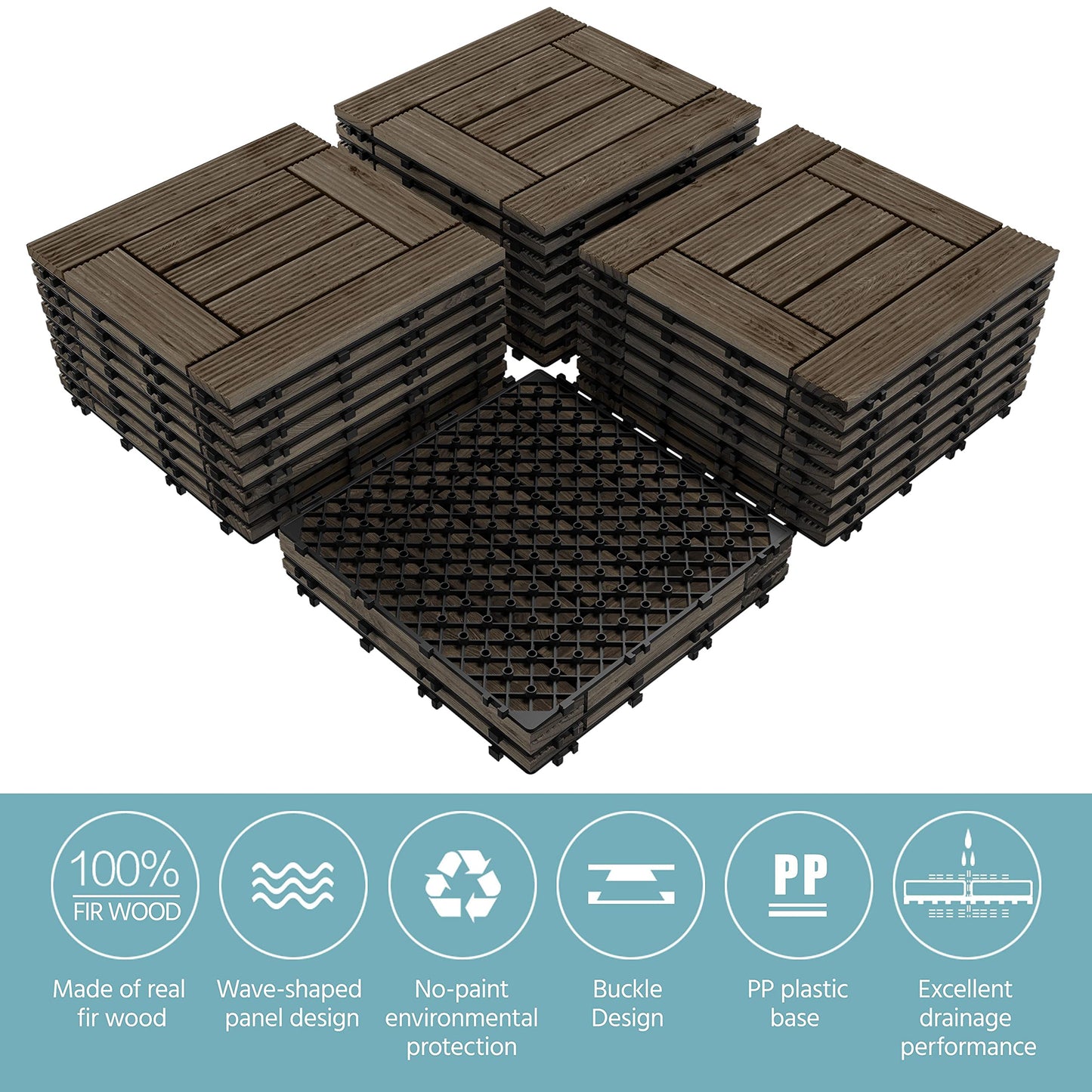 Topeakmart 27PCS Patio Deck Tiles Interlocking Wood Composite Decking Floor Tiles 12 x 12in Dark Brown for Outdoor & Indoor Patio Garden Deck Poolside