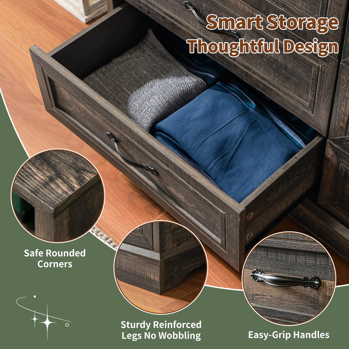 Homkdom Dressers for Bedroom,6 Drawers Dresser with LED Light,Power Outlets and Open Shelves,Chests of Drawers for 65 inch TV, for Hallway, Entryway, Dark Rustic Oak Homkdom