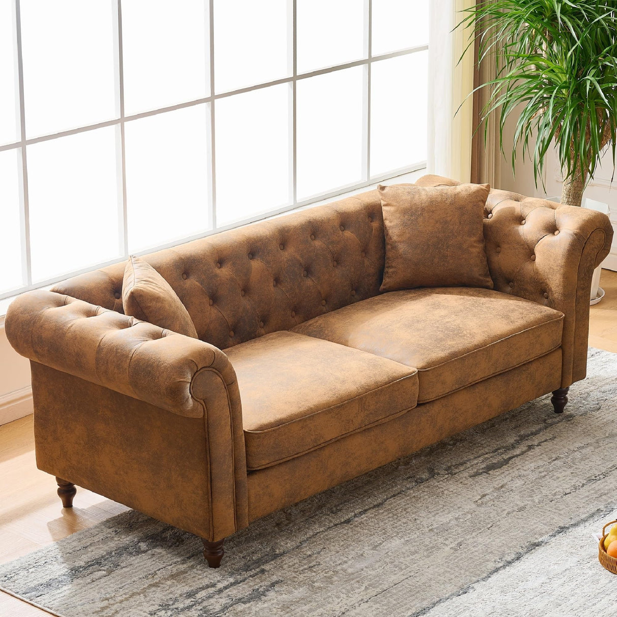 KEIKI 83" ‌Luxury Chesterfield Leather Sofa, Mid Century Modern 3 Seater Couch w/Roll Armrest, Comfy Sleeper Cloud Couches SofaBed for Office, Apartment Living Room & Bedroom, Easy Assembly, Brown KEIKI