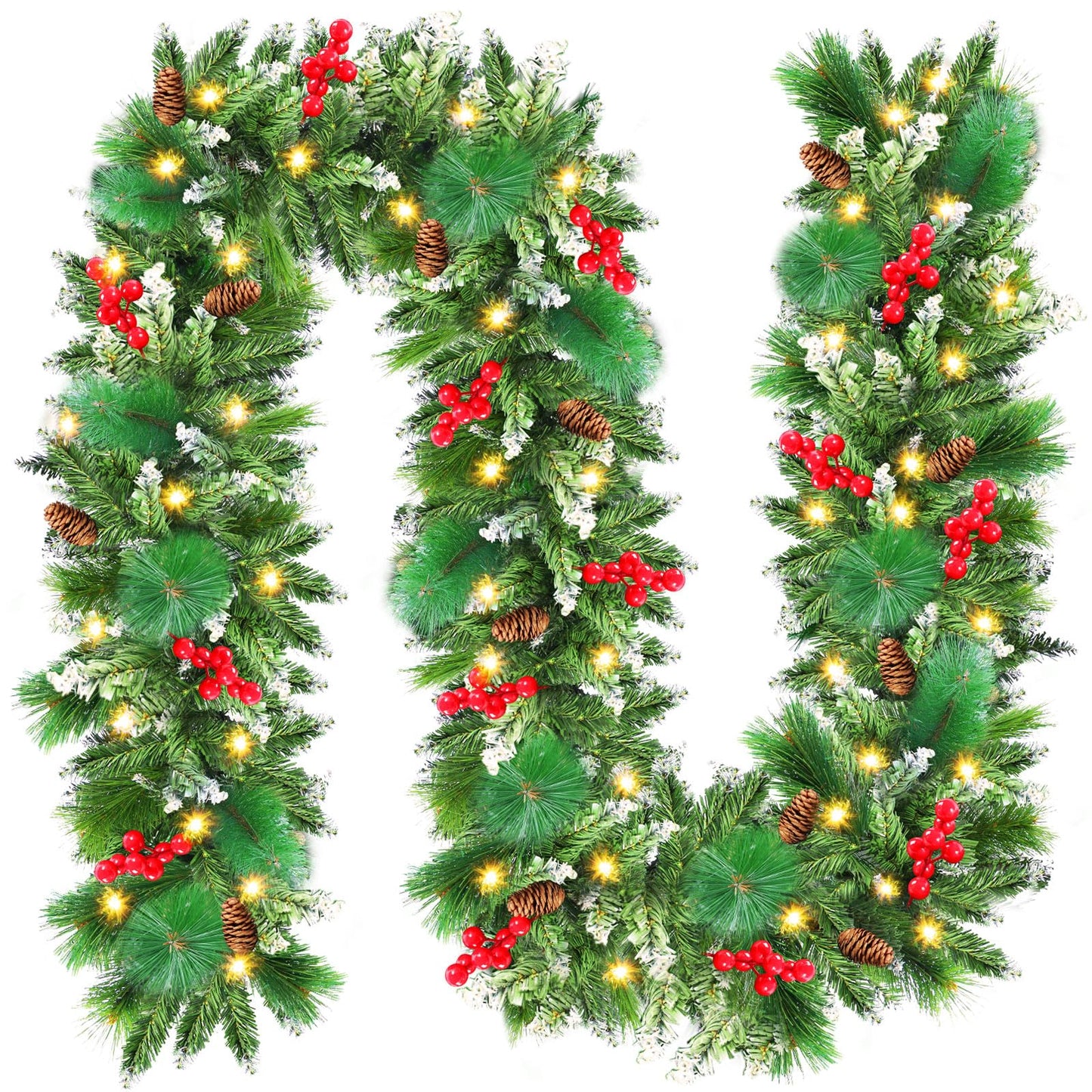 FINOM Christmas Garland, 9ft Artificial Christmas Tree Garland,Christmas Garland with Lights, Pine Cones, Red Berries, Branch Tips, Christmas Decoration for Stairs, Fireplace, Door, Xmas Trees, Garden