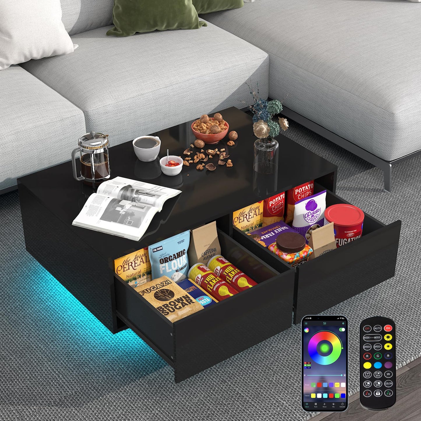 SUSSURRO LED Coffee Table with 4 Storage Sliding Drawers, High Glossy Modern Center Table with 20 Colors LED Lights for Living Room Bedroom,(Style-1 Black)