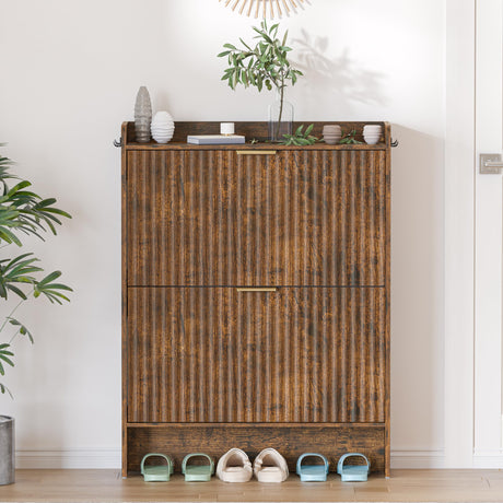 Piskyet Shoe Storage Cabinet with 2 Flip Drawers, Morden Fluted Narrow Shoes Rack Organizer Cabinet for Entryway with Anti-tilt Device,Hidden Handles,Rustic Brown Piskyet