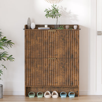 Piskyet Shoe Storage Cabinet with 2 Flip Drawers, Morden Fluted Narrow Shoes Rack Organizer Cabinet for Entryway with Anti-tilt Device,Hidden Handles,Rustic Brown