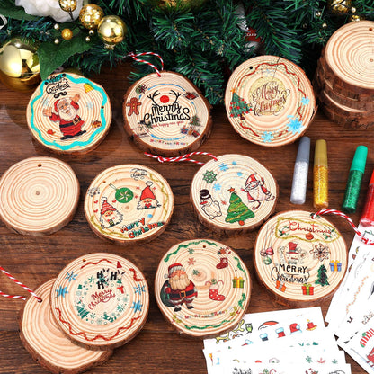 20 Pcs Christmas Natural Wood Slices 3.2-4 inches Includes Assorted Christmas Tattoo Stickers for DIY Crafts Unfinished Wood Kit Predrilled with Hole Wooden Circles Decor for Home Tree Xmas Party