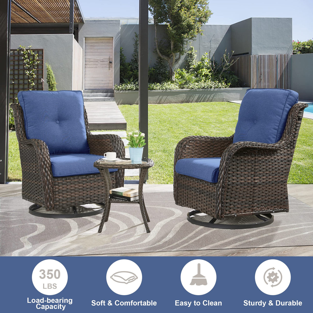 Belord 5 Pieces Patio Furniture Sets Wicker Outdoor Furniture, Rattan Patio Swivel Glider Chairs with 2 Ottoman and Glass Side Table Belord
