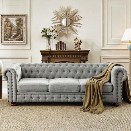 88.5''W Linen Chesterfield Sofa, Mid Century Modern Couch with Button Tufted & Rolled Armrests, Comfy 3-Seater Deep Seat Sofa with Nailhead Trim & Gourd Legs for Living Room, Apartment(Light Grey) JEEOHEY