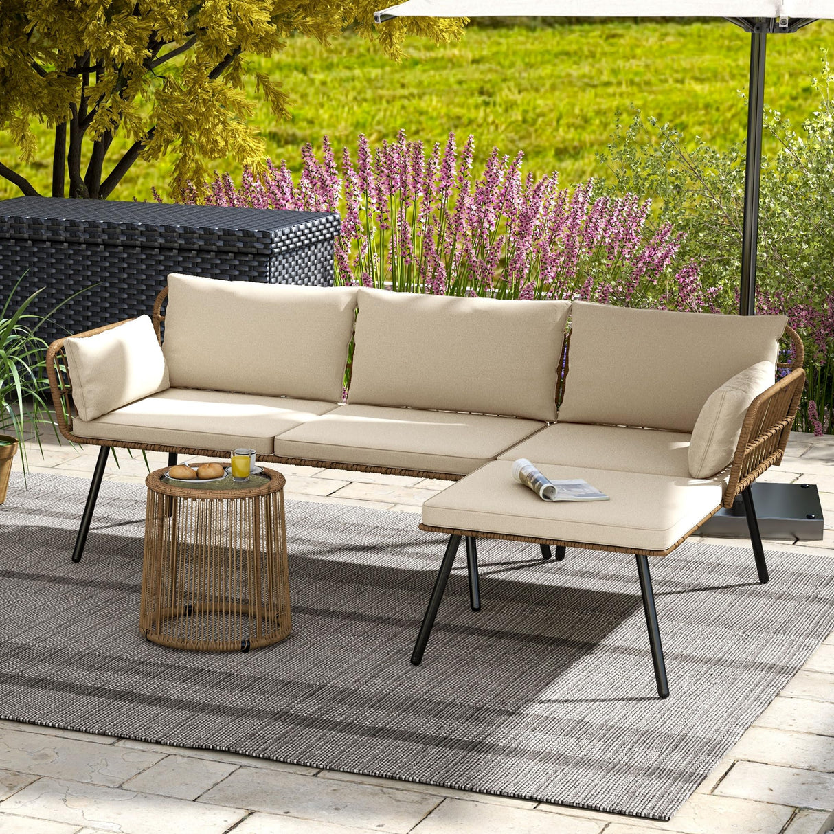 DWVO 3 Pieces Patio Furniture Set, Wicker Conversation Sectional Sofa, L-Shaped Sofa with 4 Seater for Backyard, Porch, Boho Detachable Lounger with Cushions and Coffee Table - Beige DWVO