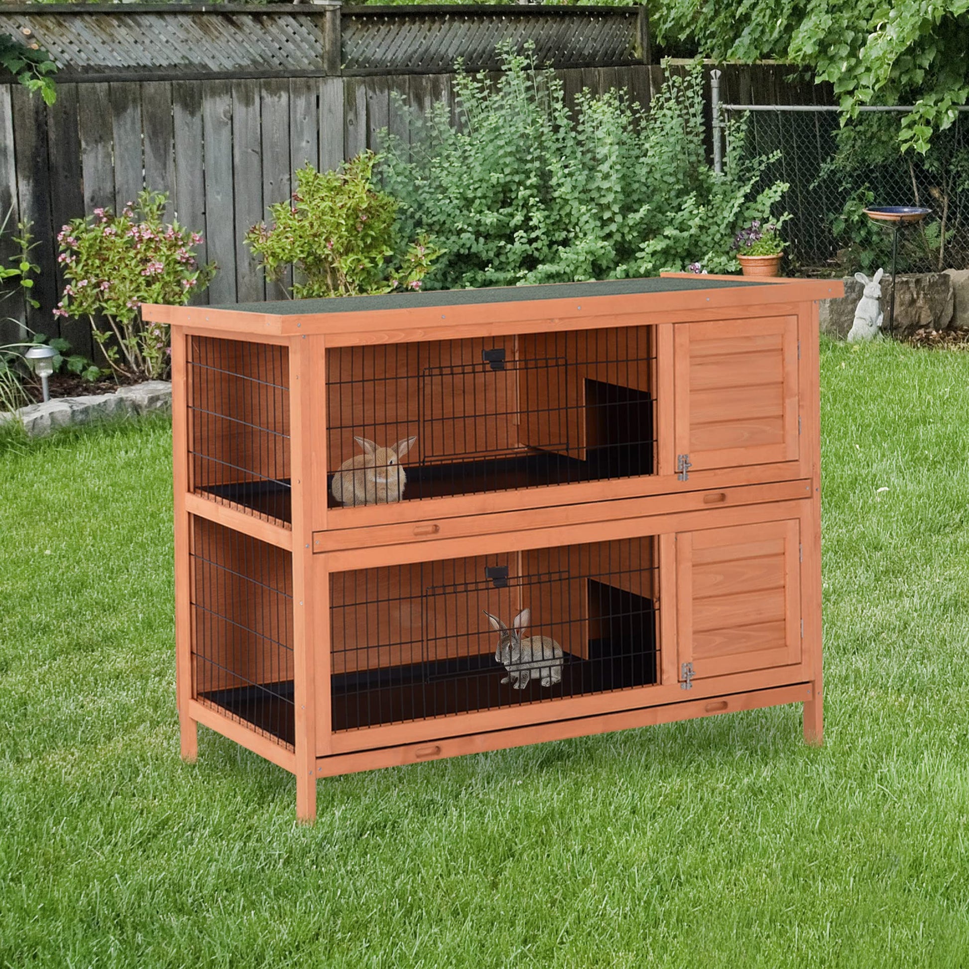 PawHut 54" 2-Story Large Rabbit Hutch Bunny Cage Wooden Pet House Small Animal Habitat with Lockable Doors, No Leak Tray and waterproof Roof for Outdoor/Indoor Orange - WoodArtSupply