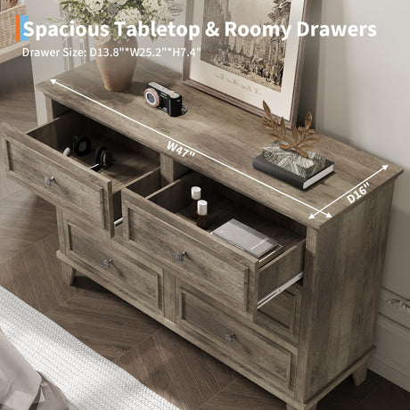 GarveeHome Farmhouse Grey Dresser for Bedroom with 6 Drawer, Double Dresser TV Stand with Vintage Handle, Wide Wood Dressers & Chests of Drawers, 6 Drawer Dressers for Bedroom, Living Room, Hallway GarveeHome