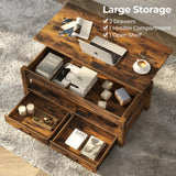 Rolanstar Coffee Table, 47.2" Lift Top Coffee Table with Drawers and Hidden Compartment, Retro Central Table with Wooden Lift Tabletop, for Living Room, Rustic Brown Rolanstar