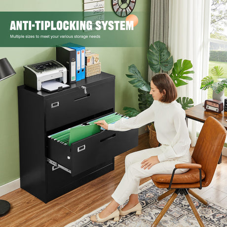Letaya Lateral 3 Drawer File Cabinets with Lock, Metal Filing Storage Vertical Cabinets,Home Office Furniture for Organization Hanging Letter/Legal/F4/A4(Black) Letaya