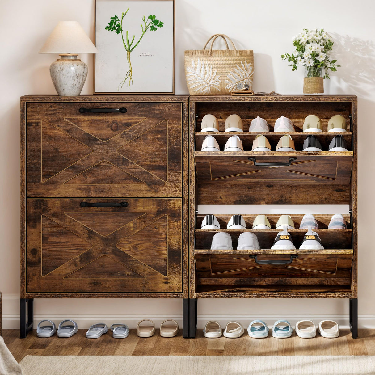 YITAHOME Shoe Storage Cabinet Entryway, 2 Flip Drawers Freestanding Organizer With Metal Legs, Narrow Storage Rack Cabinet, Rustic Brown YITAHOME